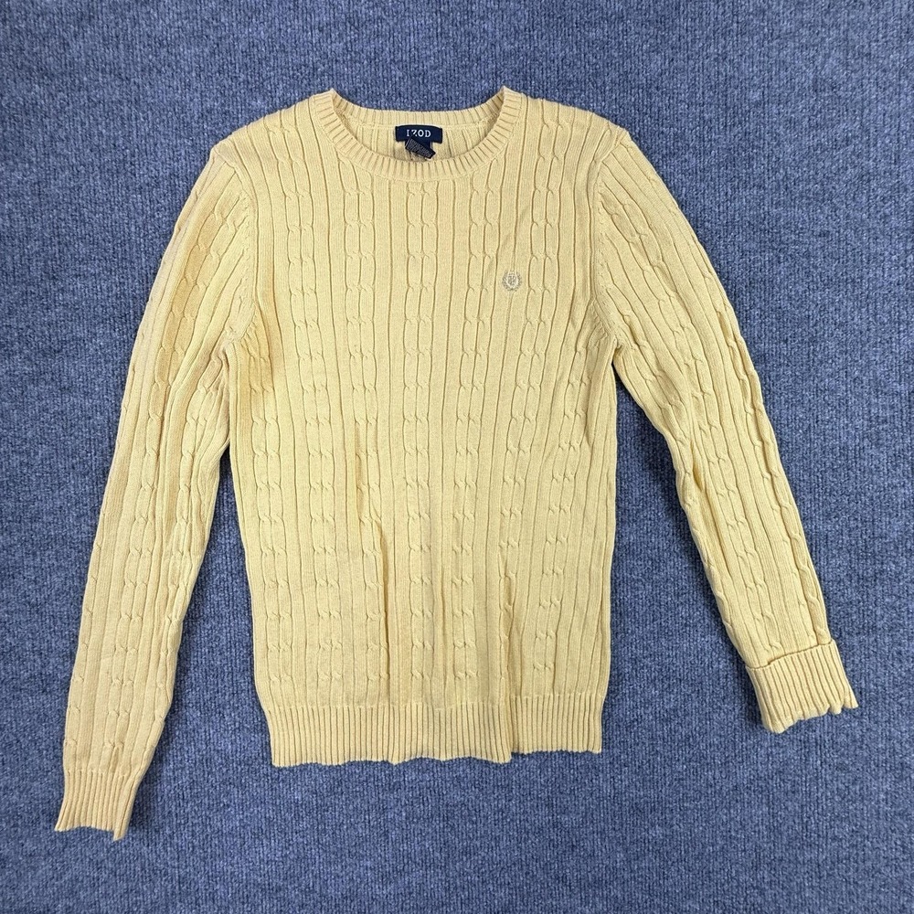 VTG IZOD Sweater Womens XS Yellow Cable Knit Cotton Crewneck Pullover Preppy